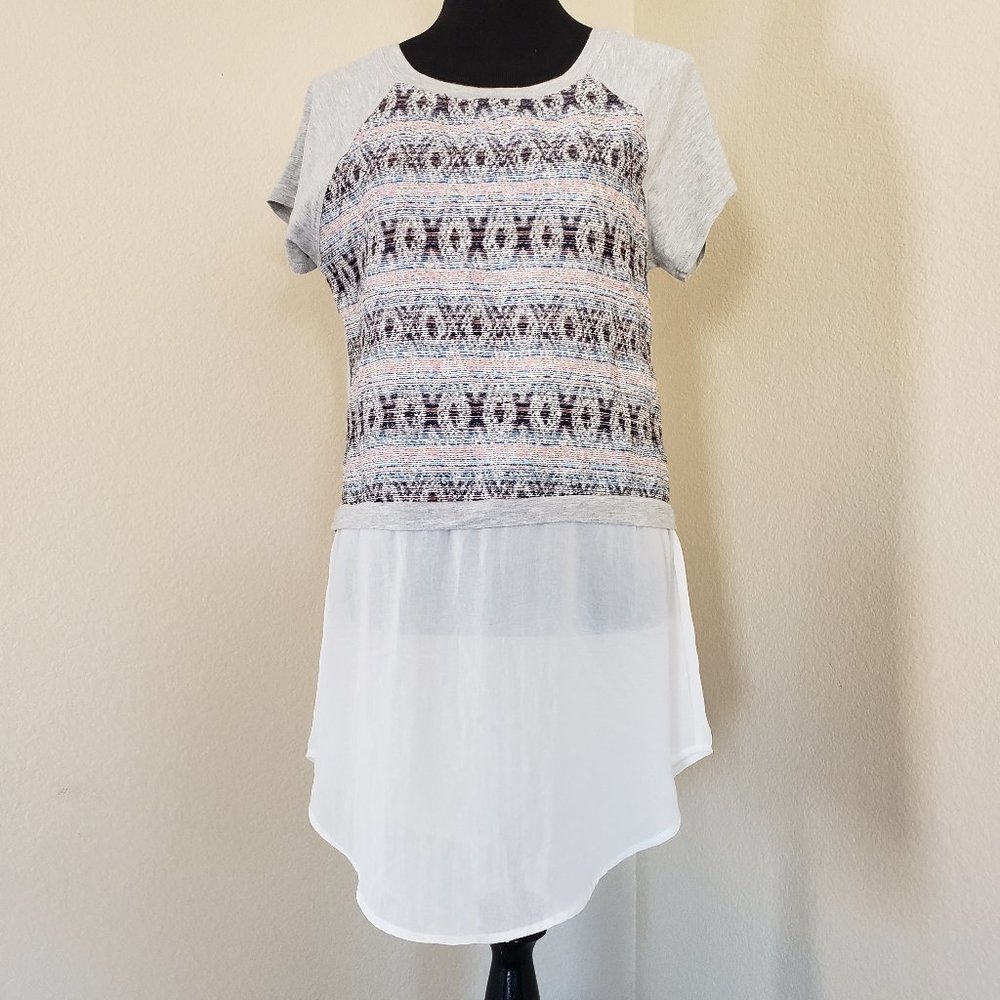 Blouse Short Sleeve Geometric Tunic Sheer Bottom